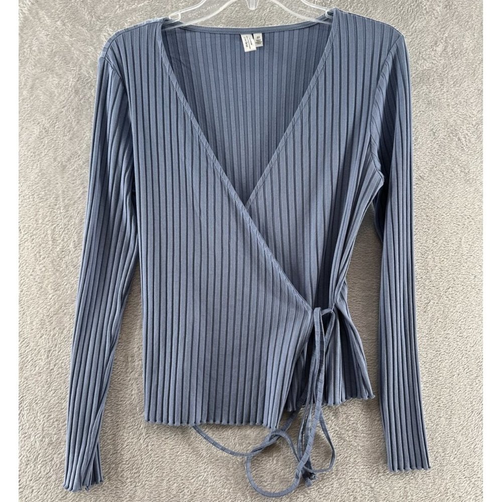 Paris Atelier Other Stories Blue Ribbed Long Sleeve Womens Wrap Top Sz S